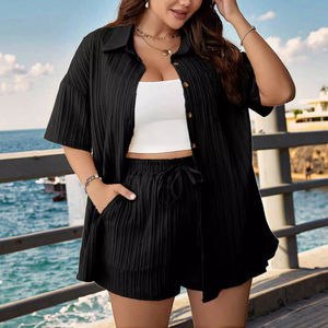 بدلة نسائية جديدة بمقاس كبير صيفية أنيقة كاجوال طقم من قطعتين بنمط صلب ملابس احاديّة - Product Image 2