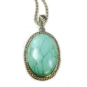 TJ Magic Two-Tone Box Chain <b>Necklace</b> Rhodium Plated Oval <b>Turquoise</b> Pendant Featuring Emerald Zircon Moissanite Diamond Rope - Product Image 1