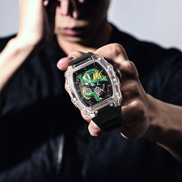 Men's Fashion Dragon-Shape Relief Transparent Barrel Hollow Unisex Quartz Watch with Silicone Band Mens Quartz Watch