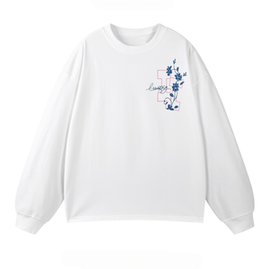 <span class=keywords><strong>T</strong></span>-<span class=keywords><strong>Shirt</strong></span> in Cotone 100% Lavorato a Maglia, Stile Americano Retrò, Ricamo in Porcellana Blu e <span class=keywords><strong>Bianca</strong></span>, Vestibilità Ultra-Loose, Manica Lunga, Unisex, Primavera-Autunno - Product Image 2