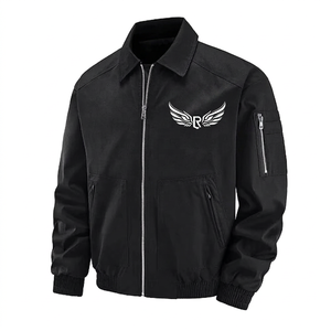 <b>Men's</b> Black Bomber <b>Jacket</b> Canvas Breathable Windproof with Logo Zipper Front Streetwear Style Autumn Wear - Product Image 1