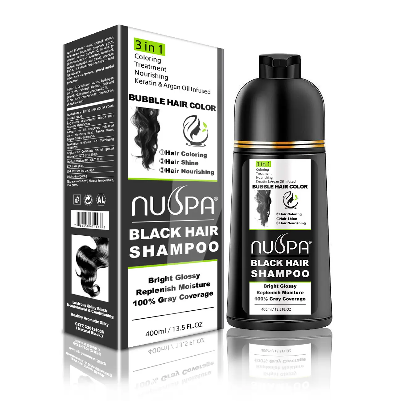 Nuspa Private Label 100% Grijze Dekking Haarkleurshampoo Natuurlijke Botanische Ingrediënten Zwarte Haarverf Shampoo