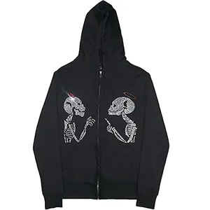 Zwaargewicht Cropped Schedel Zip Up Groothandel Streetwear Skeleton Leverancier Kristallen Bling Hoge Kwaliteit Mannen Custom Rhinestone Hoodie