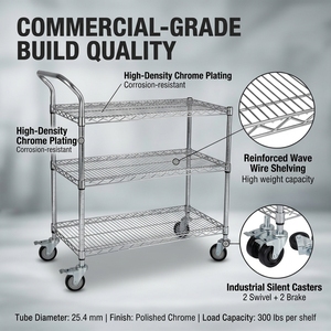 Heavy Load 3 Layers Adjustable Chrome Metal <b>Wire</b> Storage Rack Rolling <b>Wire</b> <b>Shelving</b> Trolley - Product Image 2