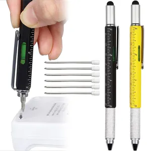 Özel çok aracı kalem 6 In 1 tükenmez kalem cetvel seviyesi çapraz düz kafa tornavida dokunmatik ekran cep Multitool kalem