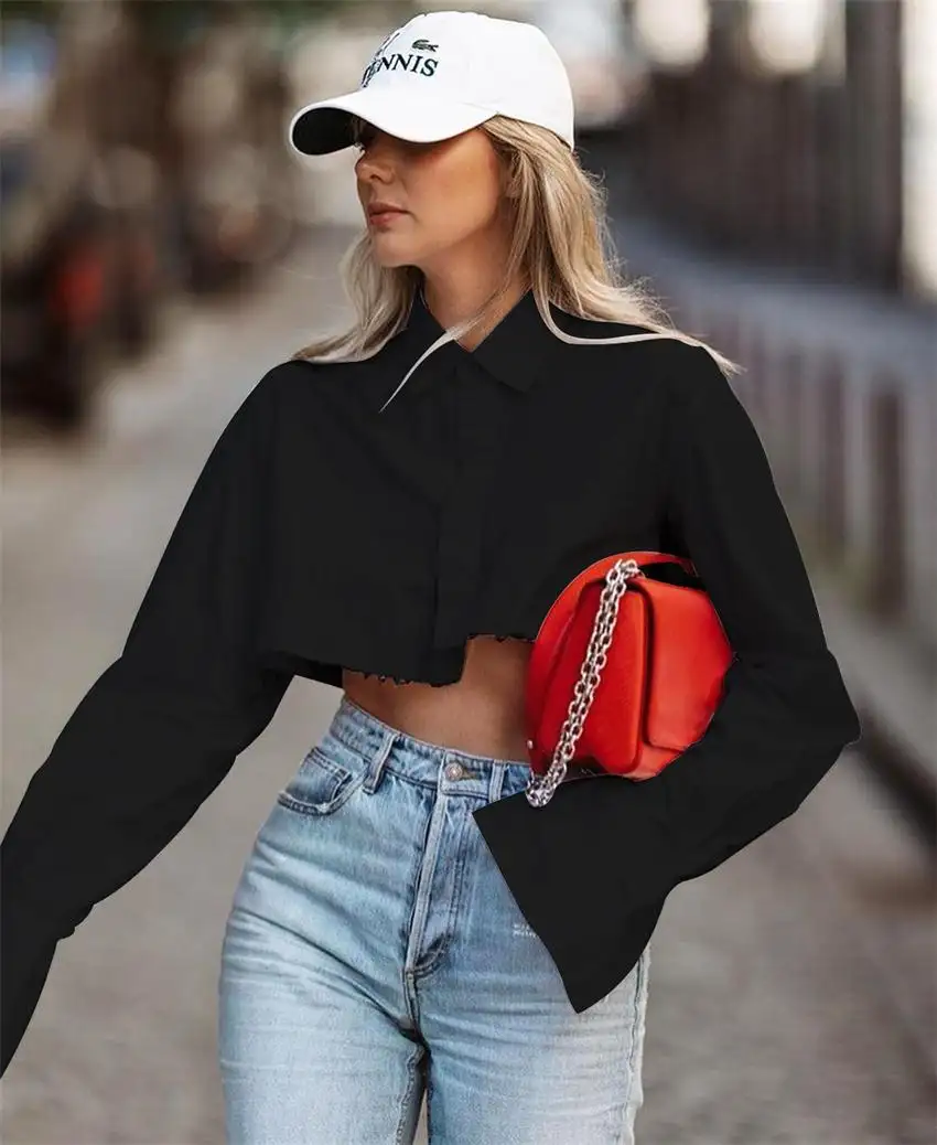 S-XL Bluse Schwarz Weiß Unregelmäßige Designs Crop Top Umdrehen Kragen Shirts Für Frauen Bluse