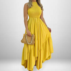 夏季女式中长连衣裙批发定制时尚休闲优雅黄色百褶女式连衣裙 - Product Image 1