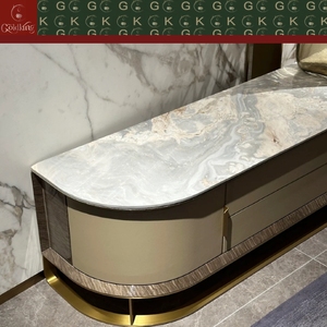 Console <span class=keywords><strong>TV</strong></span> en marbre blanc veiné GOLDKING, style moderne et luxueux, façade incurvée, armoire beige, base dorée, découpe sur mesure OEM - Product Image 6