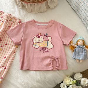 TongXingYuan Girls Summer Outfit Set Pink Cotton T-Shirt Striped Pants Cute Cat Print Two Piece Set - Product Image 4
