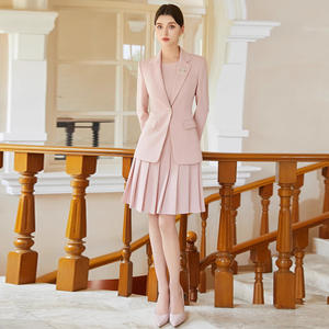 Vestido de falda de longitud media profesional <span class=keywords><strong>rosa</strong></span> con solapa con muescas para mujer, traje de cuello ajustado plisado, chaqueta de un solo botón Formal para OL - Product Image 2