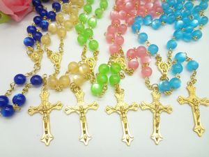 Rosarios de Oro con Crucifijo, Cuentas de 8mm Azules, Verdes y Rosas, <span class=keywords><strong>Collar</strong></span> Católico con Crucifijo, Cinco Decenarios, <span class=keywords><strong>Rosario</strong></span> de Cuentas de Ojo de Gato - Product Image 2