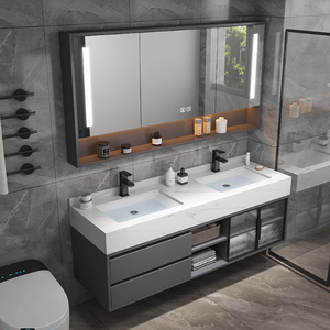 Mobile <span class=keywords><strong>Bagno</strong></span> Moderno Semplice con Doppio Lavabo, Specchio LED, Top in Ceramica Effetto Marmo Resistente all'Acqua - Product Image 2