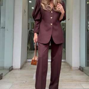 Einfarbige Laternen ärmel Lose Anzug Jacke & Hose Pendler Damen 2-teiliges Set Sehe Fashion - Product Image 5