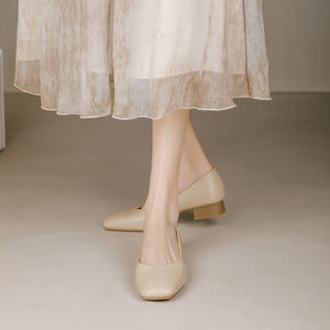 Escarpins en cuir véritable nude à talon carré, ornés de cristaux, talon bas, souples et confortables pour le quotidien, chaussures pour femmes - Product Image 3