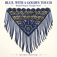 Foulard triangulaire bleu perlé à sequins, style bohème, en maille à franges, pour la danse et les tenues de festival, 30 cm