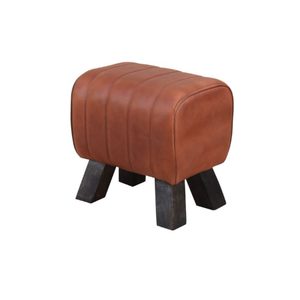Tabouret pouf en cuir marron siège, coussin et base en bois dernier design maison meubles de salon repose-pieds en bois - Product Image 1