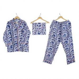 Conjunto de Pijama de Algodón de 3 Piezas para Mujer, Manga Tres Cuartos, Estampado Geométrico, Suave, Transpirable, Ropa de Dormir Informal, Elástica en Toda la Longitud - Product Image 1
