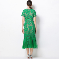 Elegante Vestido Midi de Mujer con Cuello de Cuentas, Manga Corta, Cinturón, Cintura Natural, Diseño Hueco y Encaje de Sirena para Primavera, Otoño y Verano