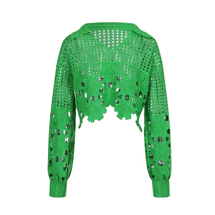 Knitwear manufacturers custom green polo collar long sleeves cutout women crochet sweater