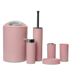 豪华粉色卫生间配件实心6件塑料浴室配件套装皂液器垃圾桶肥皂碟