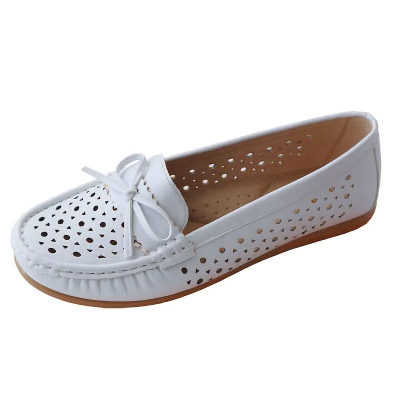 รองเท้าส้นเตี้ยลำลองสำหรับผู้หญิง,รองเท้า PU ระบายอากาศแบบมีโบว์กลวงทำจากยางสีขาว
