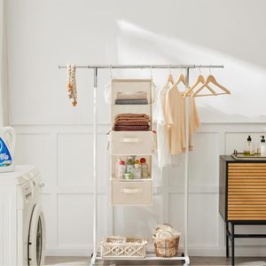 5 Tier Hanging Closet Organizer Beige Foldable Storage <b>Shelf</b> With <b>Hooks</b> For Bedroom Neatening - Product Image 4