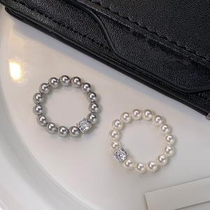 Bague en argent pur S925 avec perle Shijia, fil élastique, petit cube de zircon, simple, quotidienne, compacte, élégante - Product Image 2