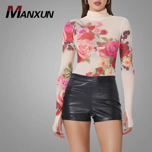 Vente en gros <span class=keywords><strong>Top</strong></span> à <span class=keywords><strong>col</strong></span> <span class=keywords><strong>roulé</strong></span> en maille imprimé manches longues avec poignets trou du pouce chemisiers haut extensible Bodycon Slim Blouse en ligne - Product Image 1