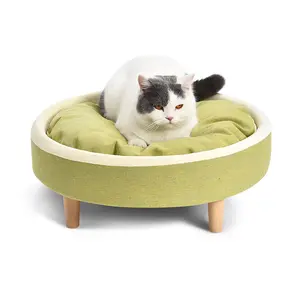 现代时尚设计圆形宠物家具床木质绿色织物狗猫沙发