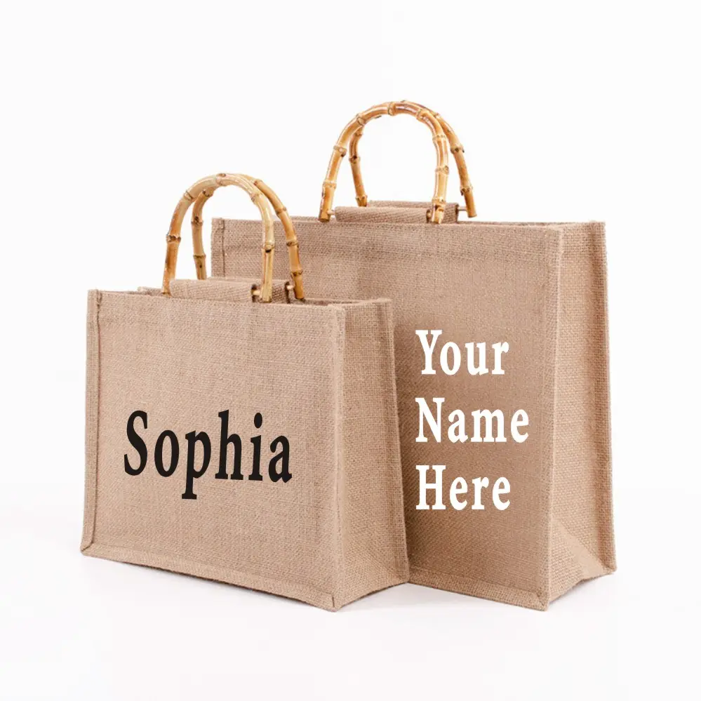 Custom Personalized Linen Handbag Jute Retro Tote Bag Burlap Shopping Tote Bag Plain Casual Ladies Bag with Bamboo Handles