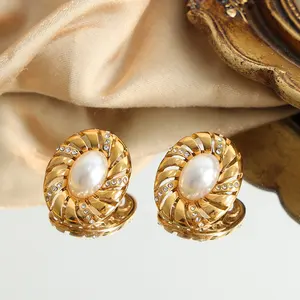French style antique jewelry oval inlaid pearls with environmental protection Czech diamond earrings titanium steel