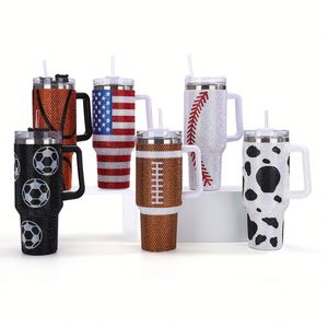 Customize Football Tumbler 40oz Stainless Steel Insulated Diamond Bling Rhinestone Cup with Handle <b>Straw</b> Lid Glitter Water Mug - Product Image 1
