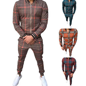 Мужской контрастных цветов клетчатые спортивные костюмы, одежда на молнии, спортивный костюм с длинным рукавом из двух частей, наборы для ухода за кожей костюм 3D полиграфические услуги - Product Image 1