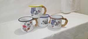 <b>Enamel</b> Camping <b>Mug</b> Set White With Wooden Handle Solid Color Rim Heat Resistant for Outdoor Use - Product Image 5
