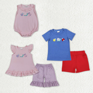 New Arrival Sibling Baby Kids Casual Eco-Friendly Embroidery Snails Ladybirds Top <b>Shorts</b> Clothes Set Ruffle <b>Rompers</b> - Product Image 1