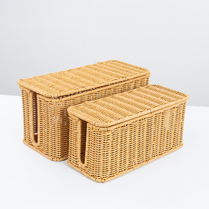 Lot de 2 Boîtes de Rangement Câbles en Rotin PP Style Champêtre - Panier Organisateur Dissimulé à Couvercle pour Multiprises et Fils Électriques - Product Image 1