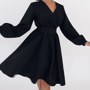 Vestido de Mujer al por Mayor, Personalizado, OEM, de Alta Calidad, Elegante, para Fiesta, Negro, Sexy, de Manga Larga, con Cuello en V y Cinturón - Product Image 1