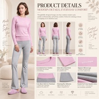 Ensemble de loungewear personnalisé pour femme : Haut court à col ras du cou et manches longues avec ourlet surpiqué et pantalon évasé à taille color block