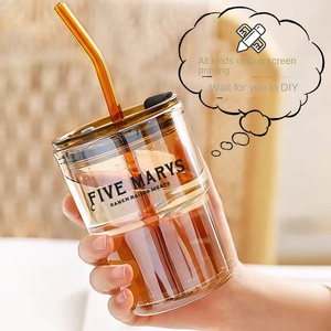 <span class=keywords><strong>Mug</strong></span> à café en verre <span class=keywords><strong>transparent</strong></span> personnalisé de qualité supérieure avec couche en cuir, couvercle et paille, pour boissons, jus et lait - Product Image 2