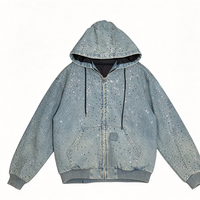 Sweat à capuche zippé en jean vintage avec strass et broderie 3D, coupe ample et oversize, lavage personnalisé, pour homme, éco-responsable