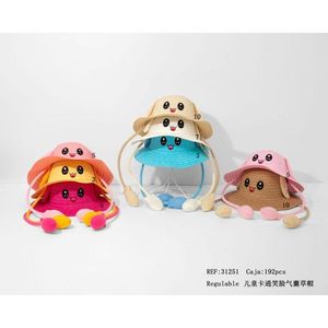 Sombrero de paja con diseño de cara sonriente de dibujos animados para niños, sombrero ajustable con protección solar para el verano, ropa de playa - Product Image 1