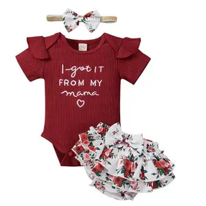 Cute Ruffle Letter Romper Tops Floral Shorts New Born Girl Baby Clothes Set For 12-18M PWFB-001