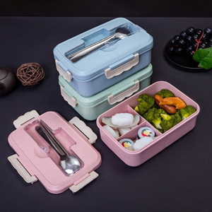 wheat straw multi-function flat eco-friendly safe leak-proof bento lunch box spoon and chopsticks food container storage