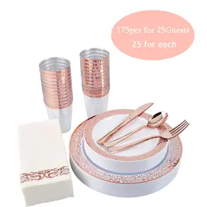 175pcs for 25 Guests Wedding Supplies Rose Gold Dinnerware Set Disposable Party Supplies Kits