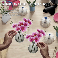 Susunan Anggrek Pink Kecil Buatan dalam Vas Kaca Hitam Set 2 Bunga Anggrek Phalaenopsis Real Touch Dekorasi Meja Makan