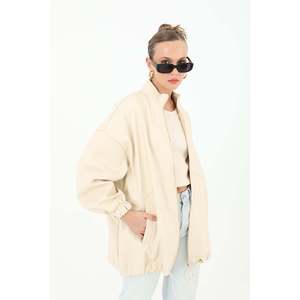 <b>Leather</b> Front Zip Blouson <b>Jacket</b> Women Windproof Full Sleeve Woven <b>Brown</b> - Product Image 5