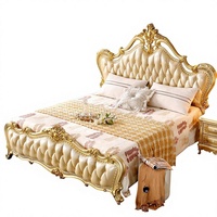 Ensemble de meubles de chambre à coucher de luxe, style royal français classique, en bois de hêtre, avec feuilles d'or, tissu italien, hypoallergénique, extensible, pour lit Queen/King