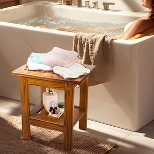 Tabouret de salle de bain en teck Ruoyi 35x35x37cm, siège de douche en bois à deux niveaux avec rangement pour salles de bain - Product Image 2