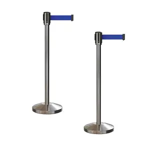 Airport Construction Cast Iron Base Stainless Steel Belt Crowd Control Retractable Barrier Queue Stanchion Pole