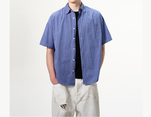 Chemise d'été à carreaux 100 % coton pour homme avec logo personnalisé, col rabattu, coupe oversize, manches courtes, anti-plis, vêtement décontracté - Product Image 4